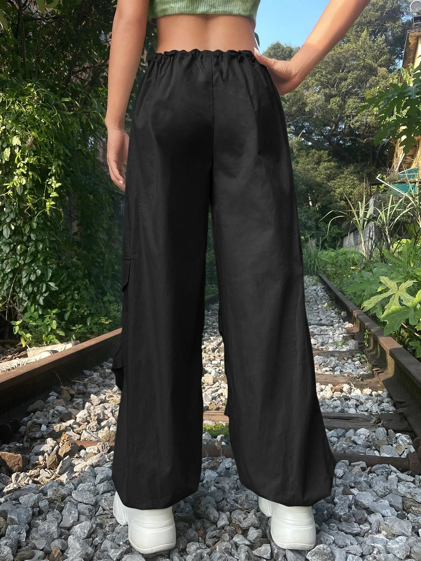Solid Colored Drawstring Cargo Parachute Pant
