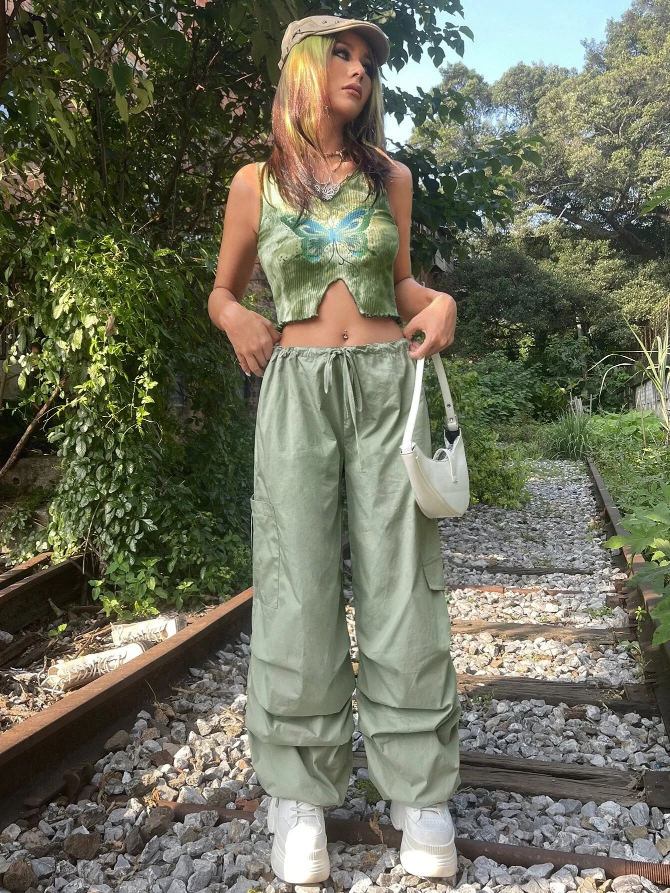 Solid Colored Drawstring Cargo Parachute Pant