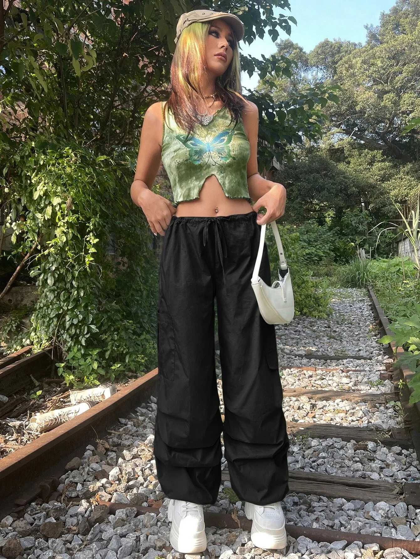 Solid Colored Drawstring Cargo Parachute Pant