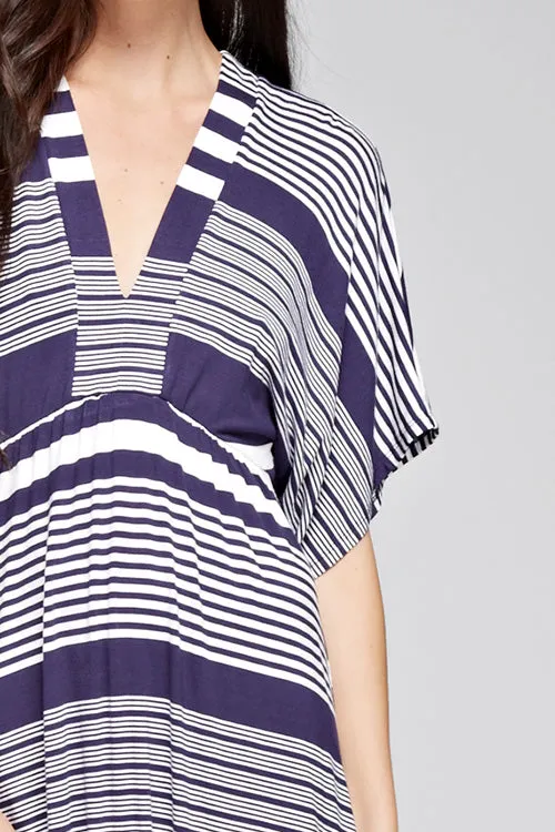 Striped Knit Plunge V Kimono Sleeve Maxi Dress