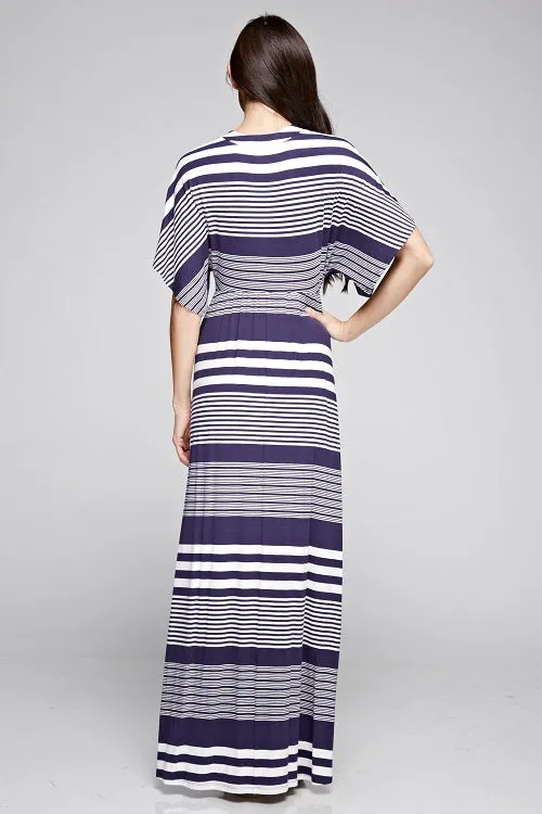 Striped Knit Plunge V Kimono Sleeve Maxi Dress