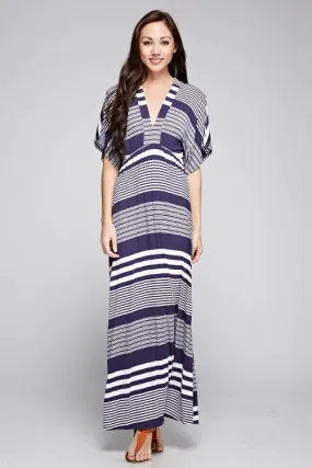 Striped Knit Plunge V Kimono Sleeve Maxi Dress