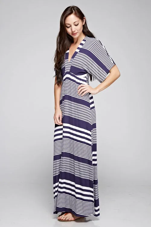 Striped Knit Plunge V Kimono Sleeve Maxi Dress