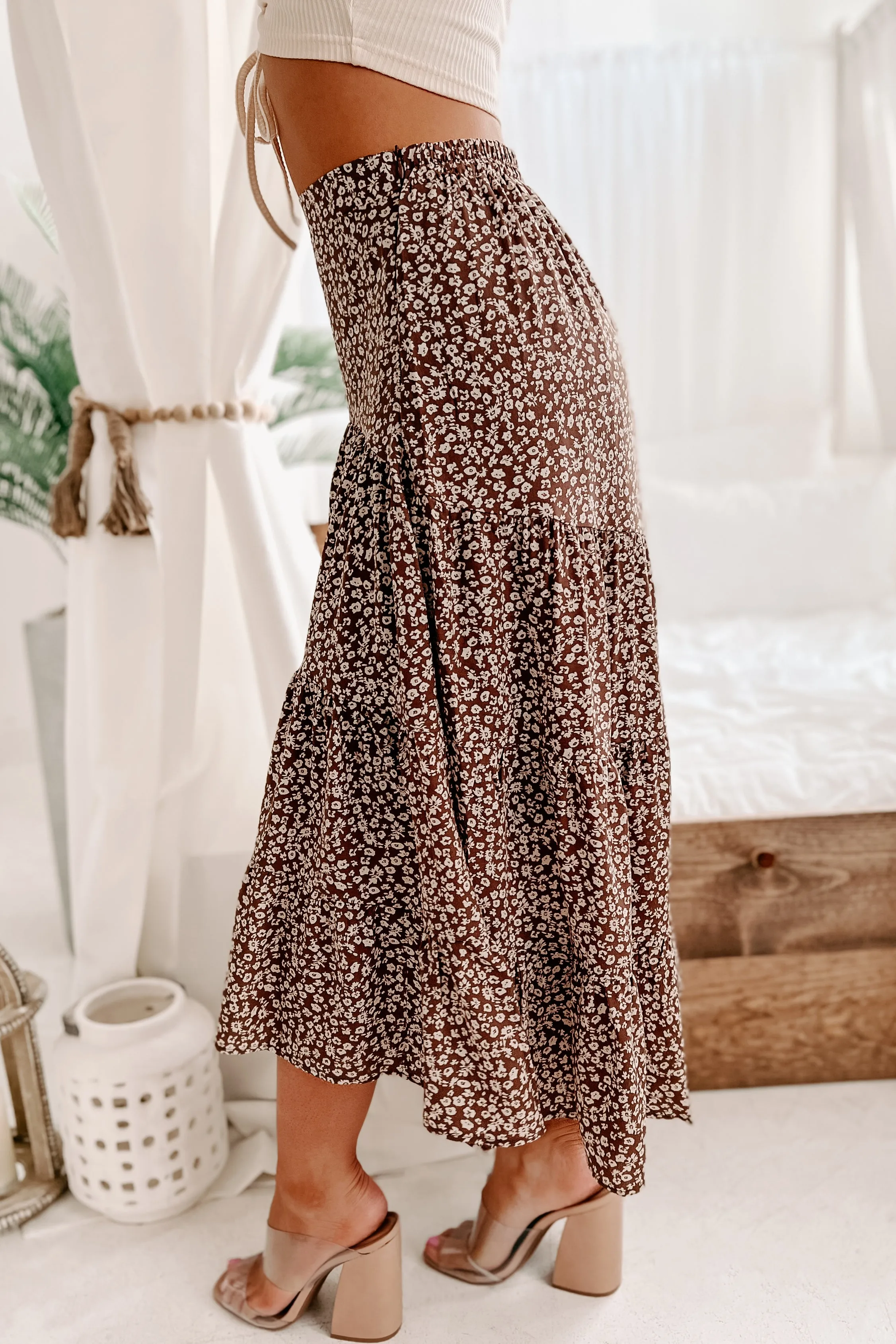 Take Me To Taos High-Low Floral Midi Skirt (Mocha Combo)