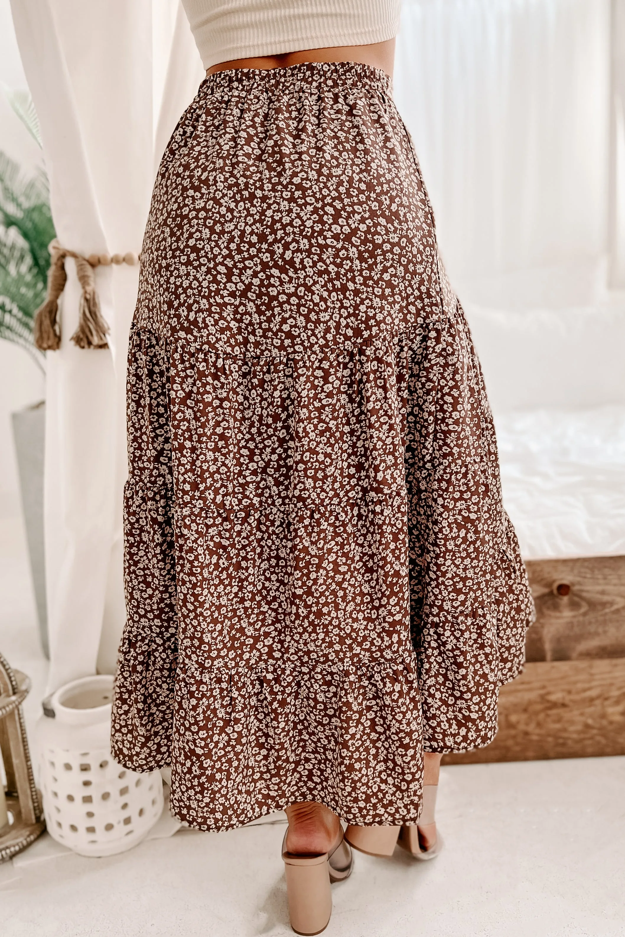 Take Me To Taos High-Low Floral Midi Skirt (Mocha Combo)