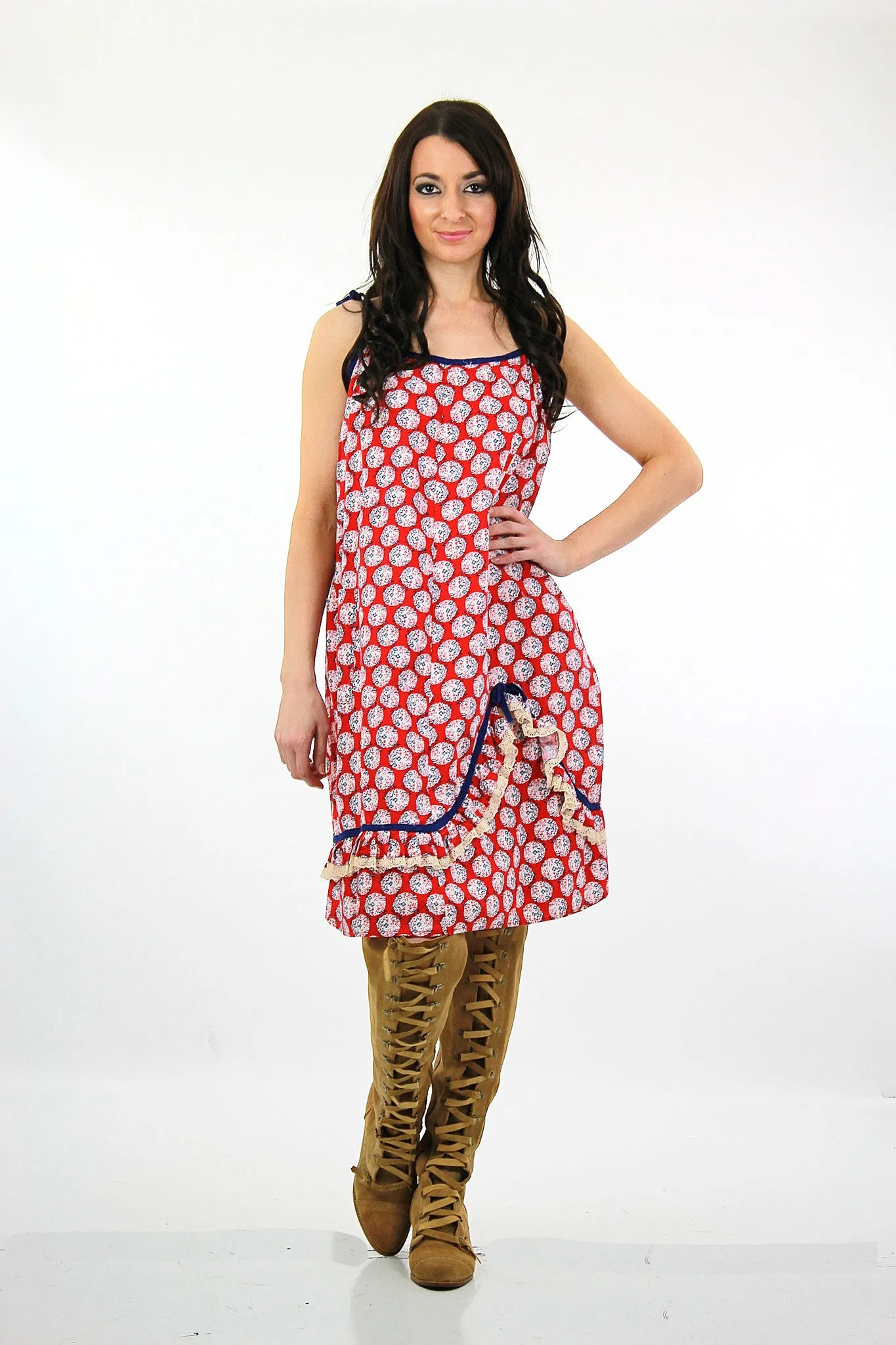 Vintage 70s Boho Hippie red white blue ruffle tent dress caftan