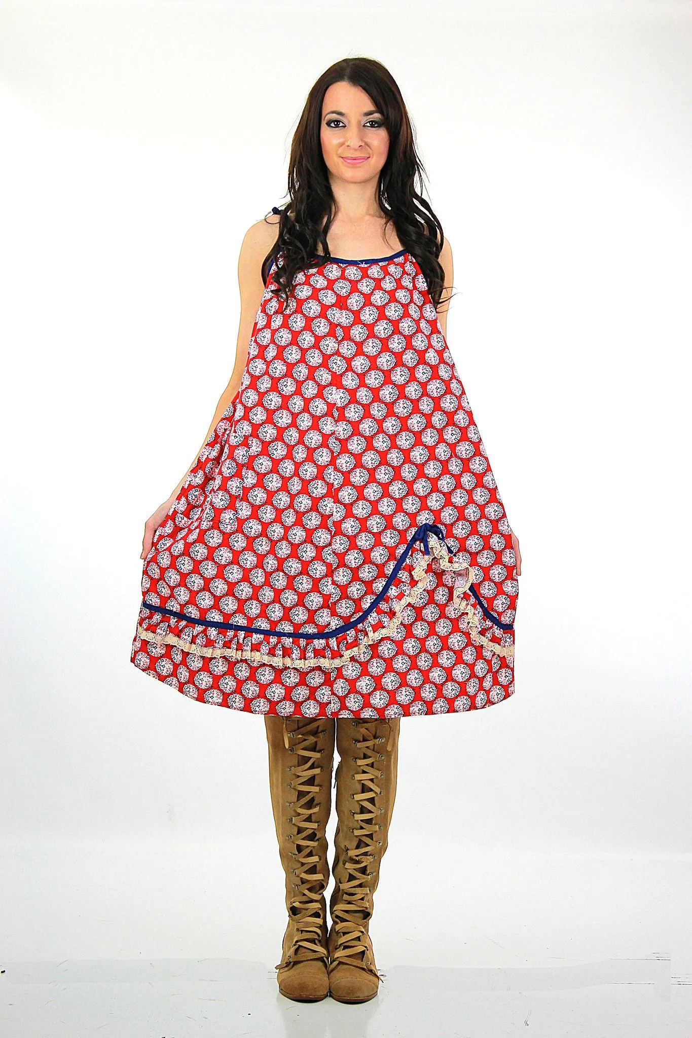 Vintage 70s Boho Hippie red white blue ruffle tent dress caftan