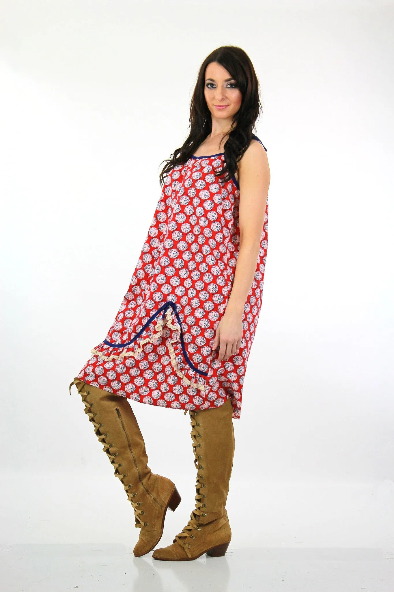 Vintage 70s Boho Hippie red white blue ruffle tent dress caftan