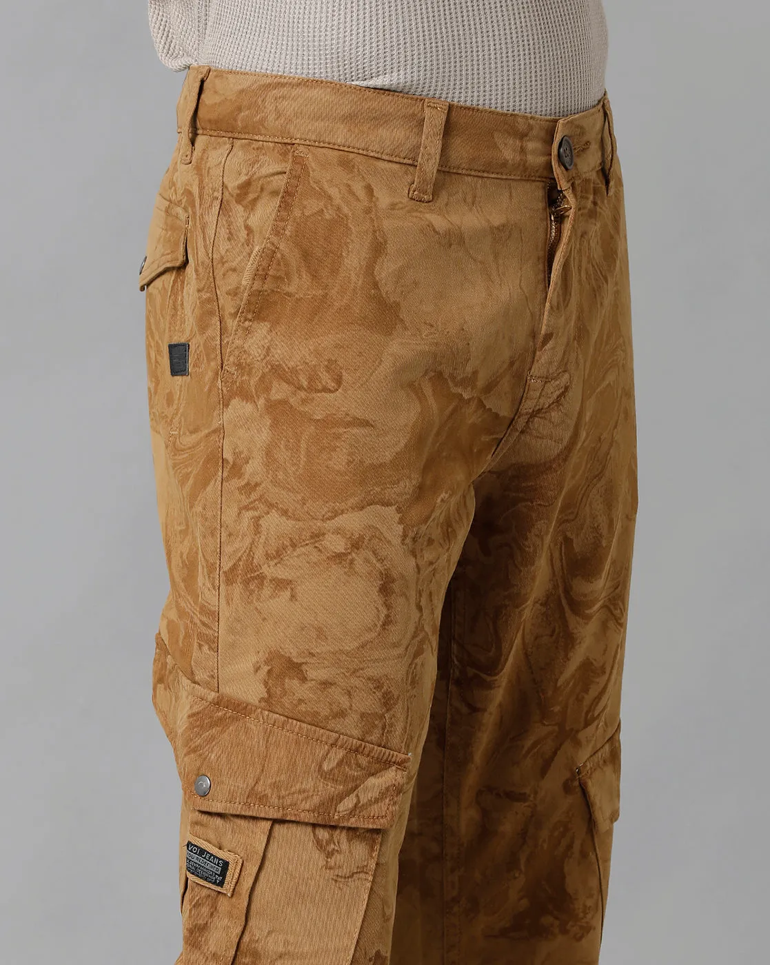 Voi Jeans Mens Khaki Printed Mid-Rise Cotton Jeans