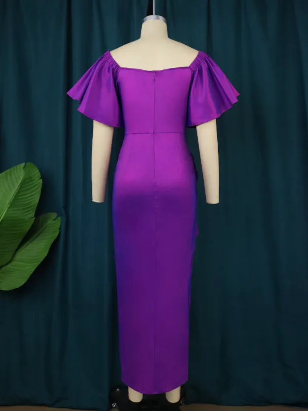 Women Purple Pleated  Ruffled Long Party Dress