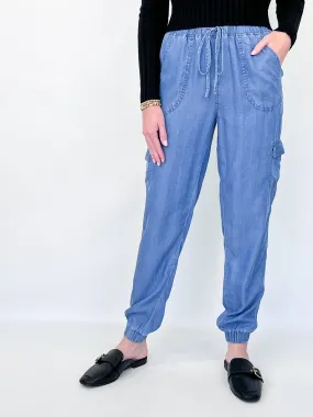 Zara - Elastic Tie Waist Denim Cargo Joggers
